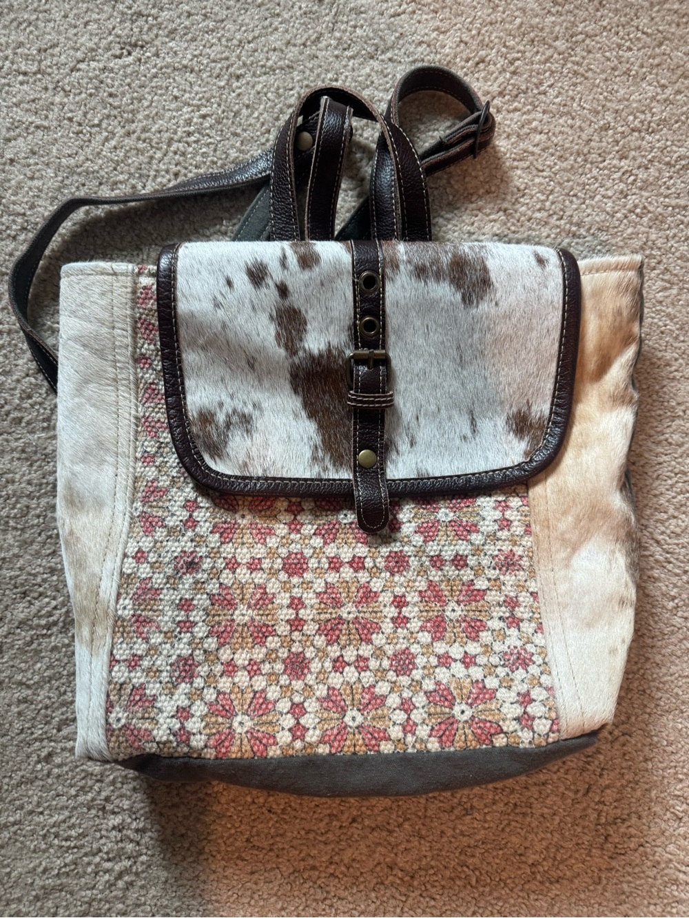 Myra Bag Neutral Cowhide & Floral Tapestry Crossbody Tote